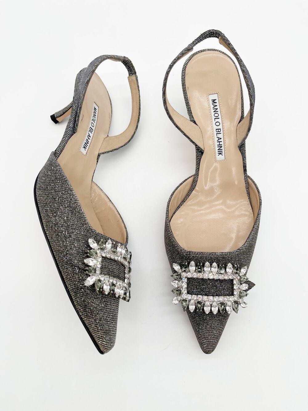 Manolo Blahnik Tonoslac Silver Gold Crystal Brooch Slingback Kitten Heels IT 38